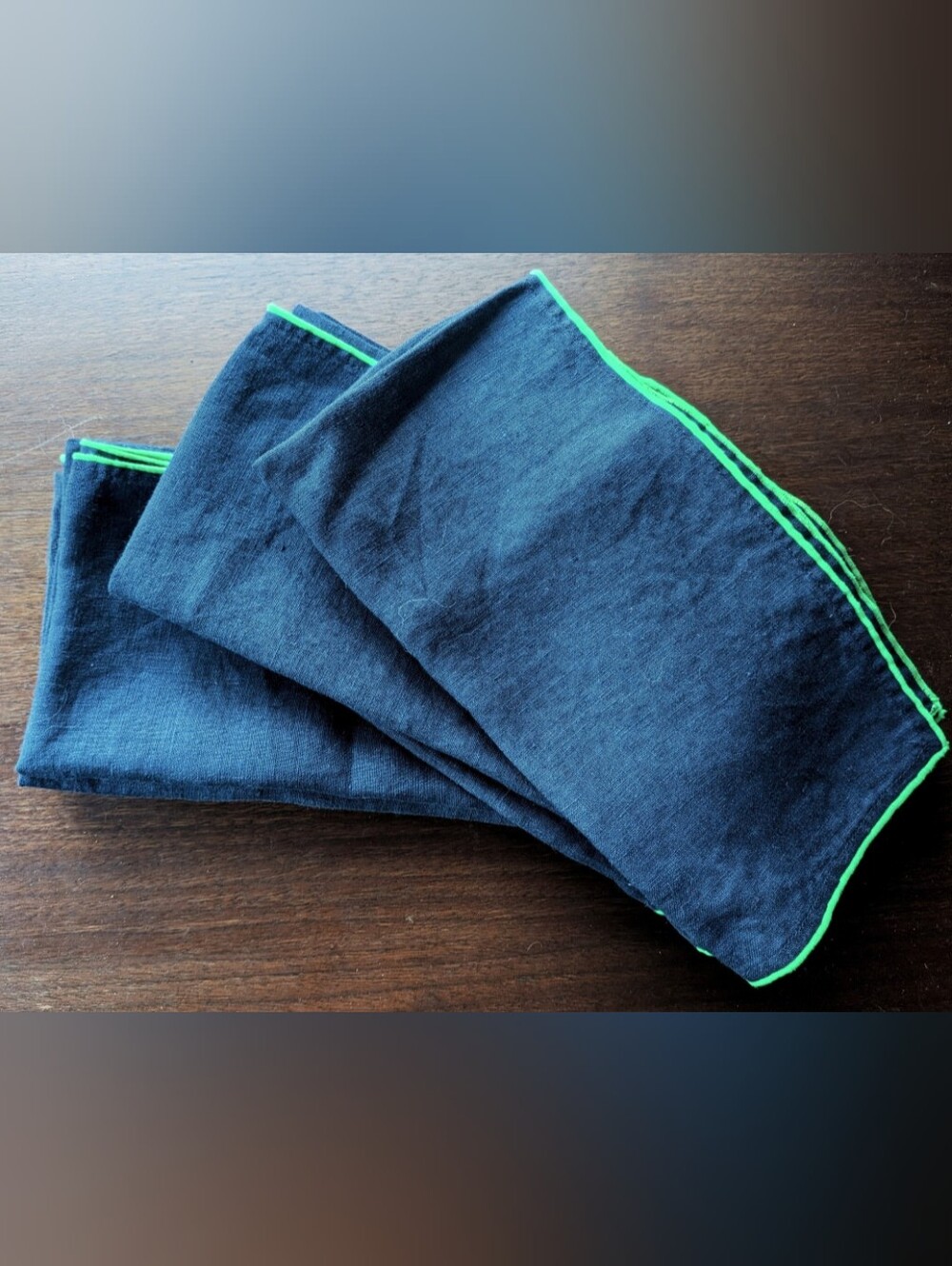 Ballard Designs Linen Napkins Navy Blue Green Edging (8)